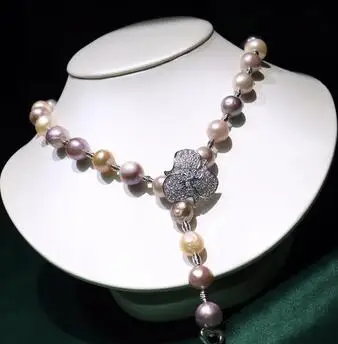 

Genuine 11-12MM Freshwater pearl Necklace Baroque mixed color pendant accessories Clasp Zircon crystal Jewellery