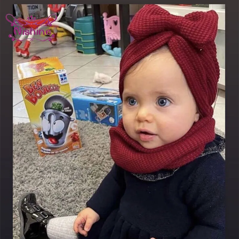 

Nishine 1 PCS Toddler Comfortable Warm Knitting Cap Solid Color Handmade Bowknot Newborn Hat Bows Headwear Kids Hair Accessories