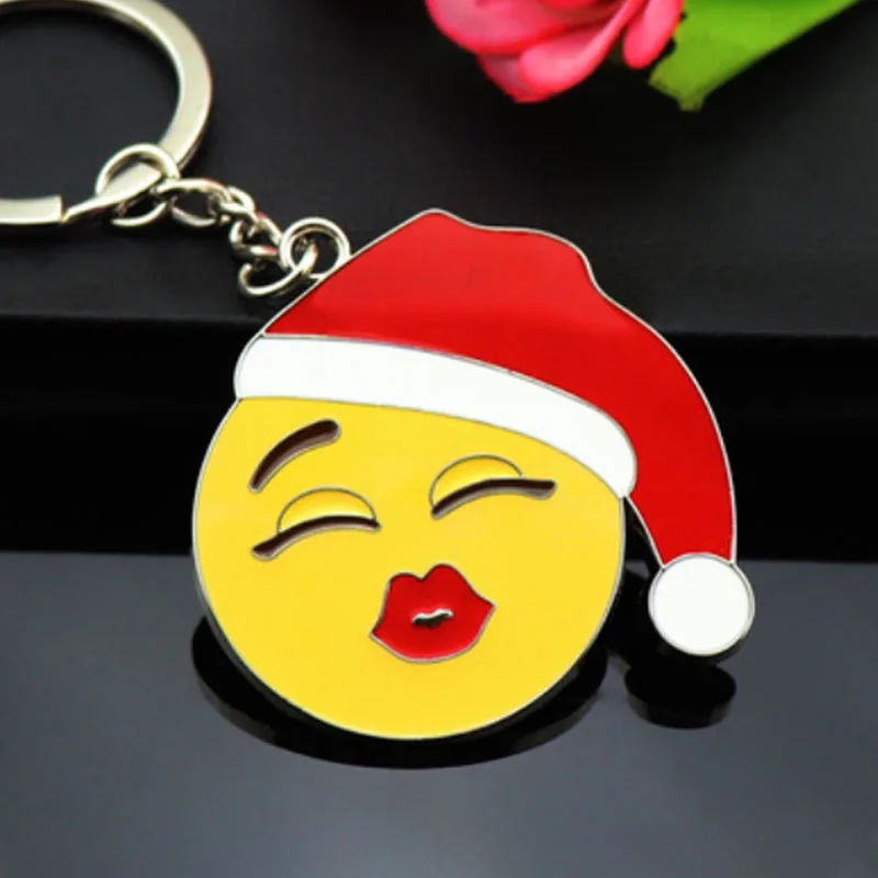 Мультфильм брелок Рождество Diy смайлик лицо Pom pom ПВХ сумки брелки для ключей цепь нейтральный пом брелок на подарок красный - Цвет: Белый