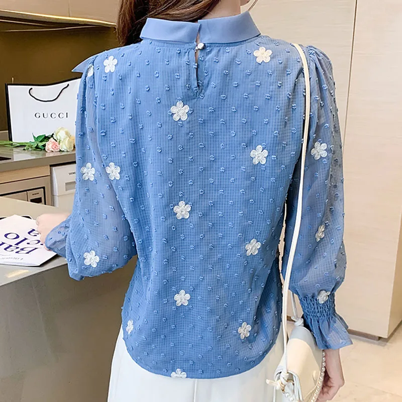 Блузка женская с длинным рукавом шифоновая рубашка цветочной вышивкой и бантом в