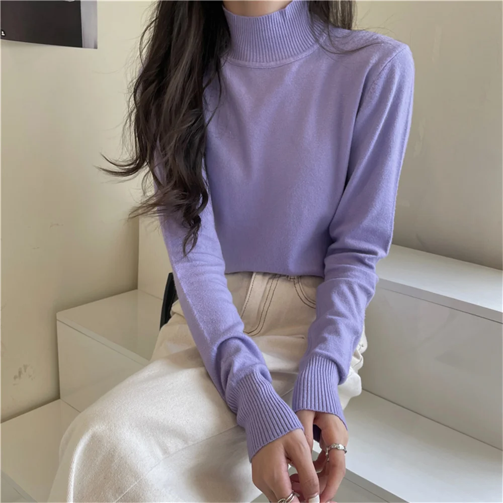 

Alien Kitty 17 Colors Basic Sweaters Knitted Solid Turtleneck 2021 New Tops Streetwear Full Sleeves Knitwear Stylish Slim Casual