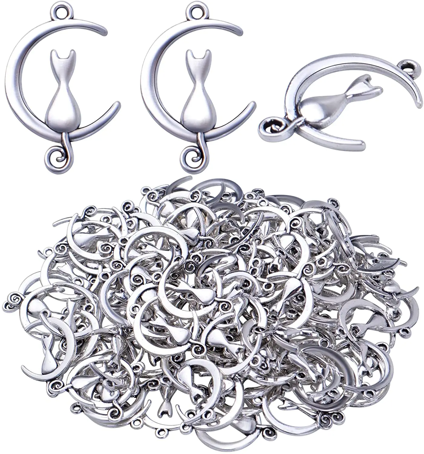 

100pcs Antique Silver Cat in The Moon Charms Alloy Celestial Pendants Craft Supplies for DIY Earrings Necklaces Jewelry Making