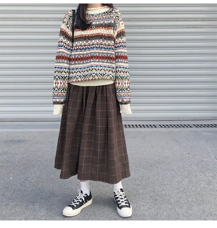 

2 colors japanese style high elastic waist Long Skirts Woman 2020 autumn winter plaid A-line pleated Skirts womens (X1078)