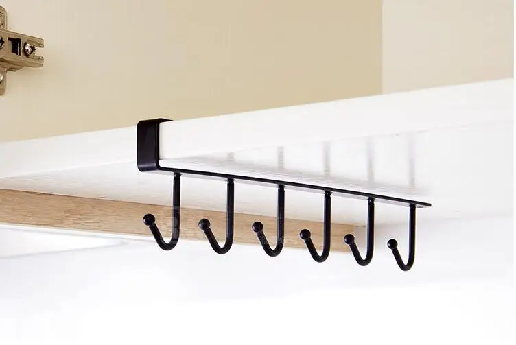 

6 Hooks Cup Holder Hanging Bathroom Hanger Kitchen Organizer Cabinet Door Shelf Removed Storage Rack Non- folding Rack Hook Type