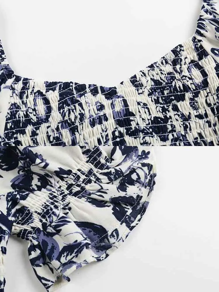 

yinlinhe French Niche Style Print Long Dress Women Spilt Elastic Waist Summer Dress Puff Sleeve Vintage Party Dresses 2021 1989