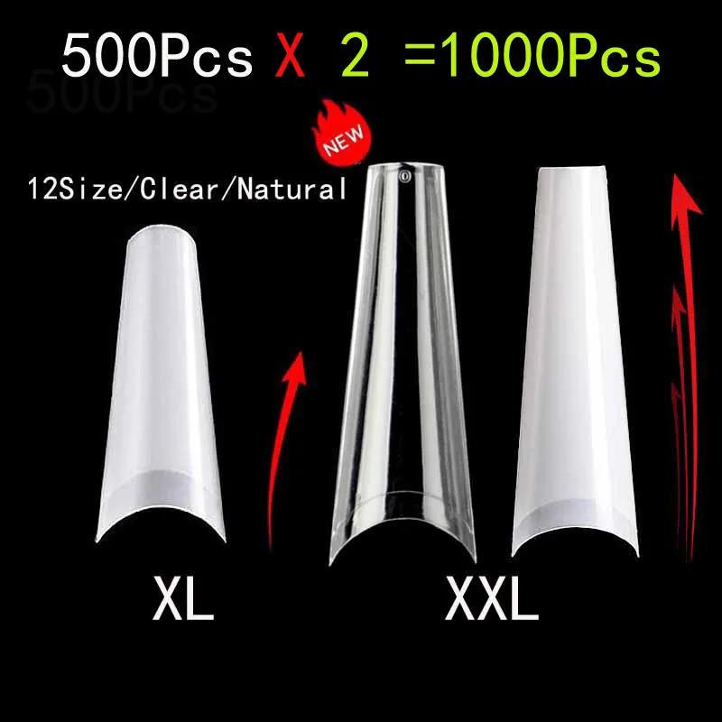 

1000Pcs XXL French Coffin False Nail Art Natural Clear Tips Acrylic Nails Gel Nail Polish Half Curve Fake Tips Manicure Tools
