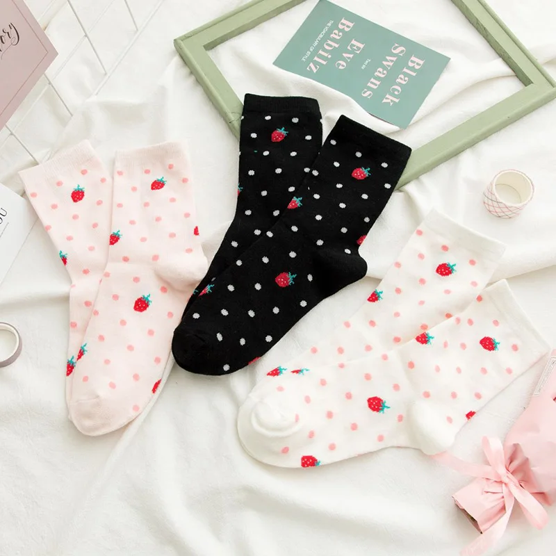 

Women Socks Japanese Style Soft Girl JK Uniform Cartoon Kawaii Strawberry Dot Print Middle Tube Cotton Quality Fairy Princess