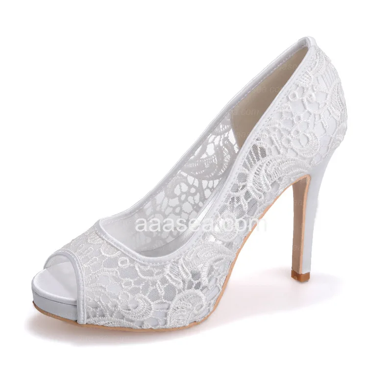 2021 New White Lace Wedding Shoes Water Table Fish Mouth High Heels Wedding Dress Shoes Large Size Women's Single Shoes 42 43