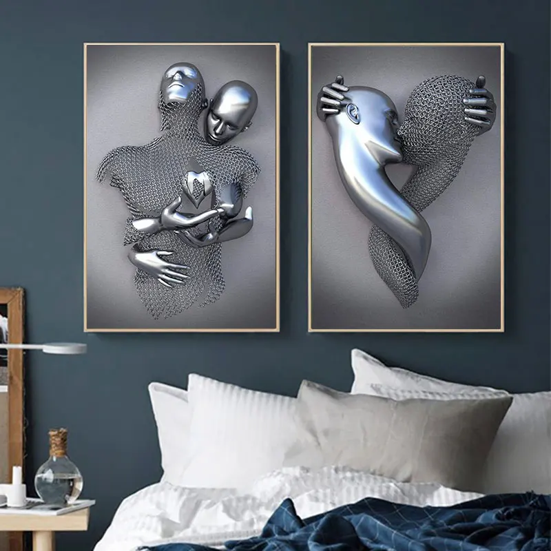 

Abstract Metal Statue Canvas Painting Romantic Lovers Sculptures Posters and Prints Wall Art Pictures for Living Room Home Decor