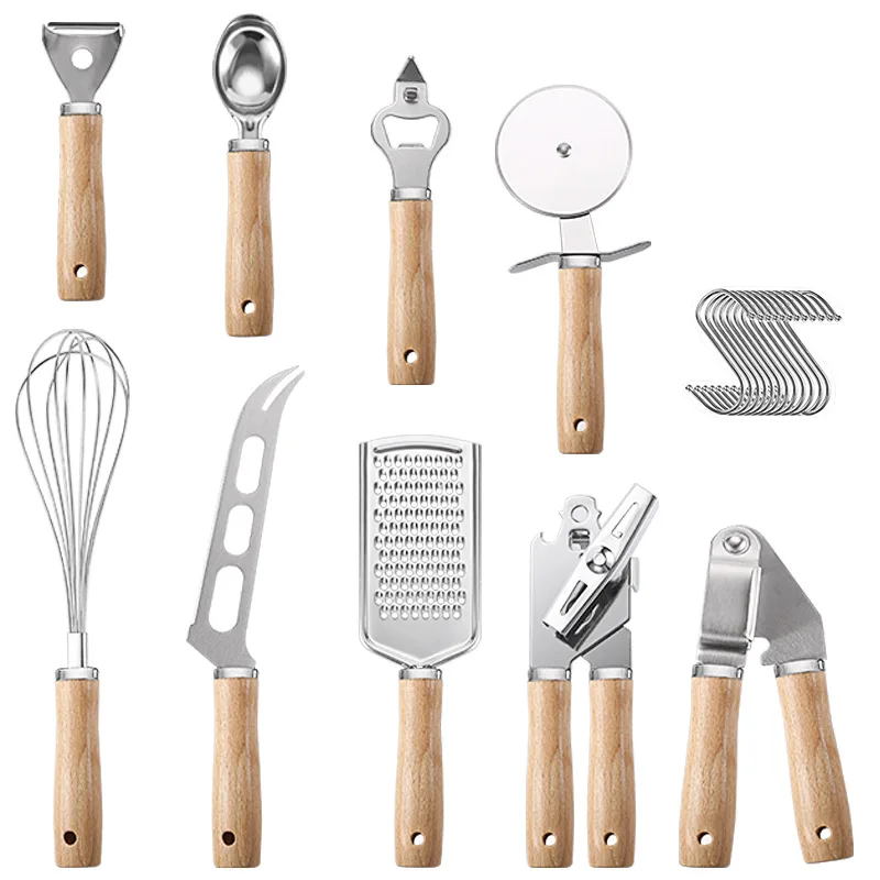 

Kitchen Gadget Cooking Utensils Wooden Handle Toy Stainless Steel Baking Set Pizza Cutter Egg Beater Suit Cheese Knife Planer