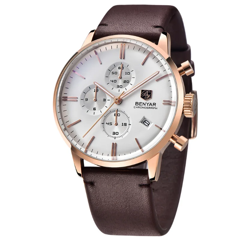 Business Watch For Man Brown Dial 6 Hands Chronograph Quartz Mens Watch leather Strap Rose Gold Male Clock Benyar A491