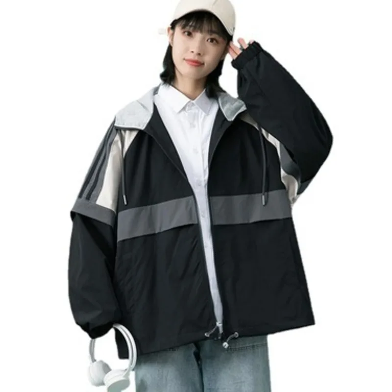 

Ladies Spring Summer Casual Outerwear Loose-fitting Jacket Hooded Stand-up Collar Youth Thin Couple Raglan Sleeve External Wear