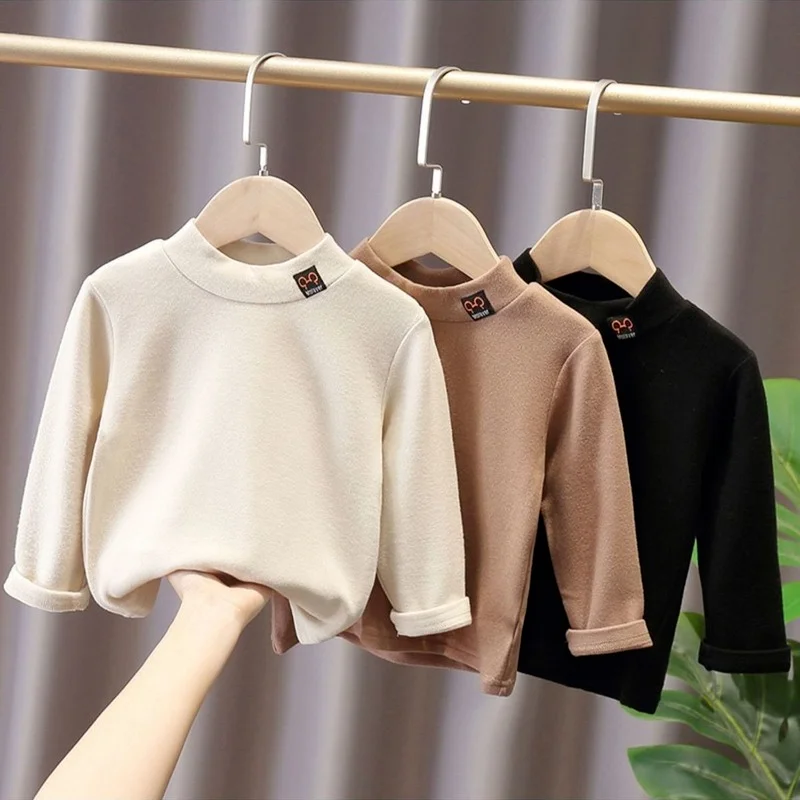 

Детская рубашка с двойным бархатным низом, осенняя однотонная простая нижняя одежда с длинным рукавом и ложным воротником для мальчиков, то...