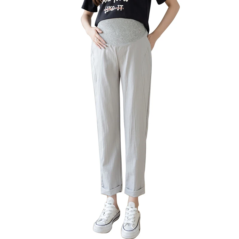 

992# Summer Thin Cool Maternity Straight Pants 9/10 Length Elastic Waist Belly Clothes for Pregnant Women Casual Pregnancy Loose