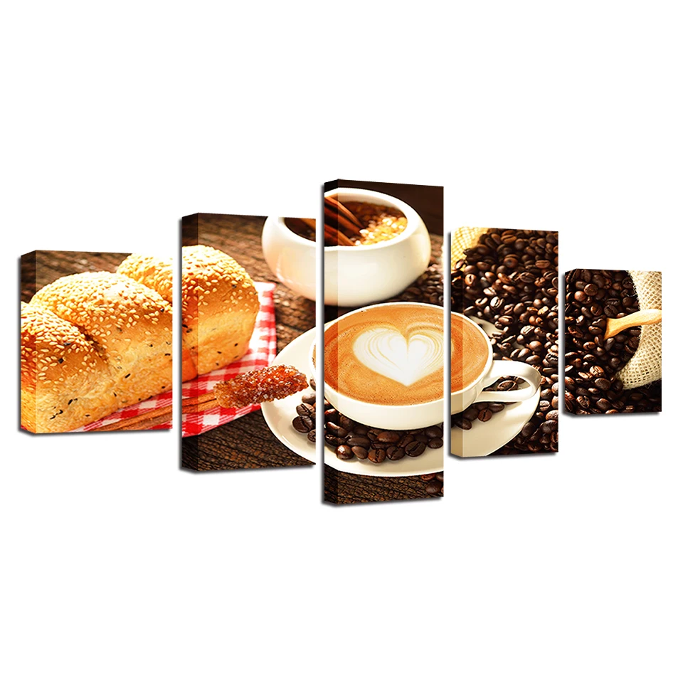 

Canvas Wall Art Home Decoration Framework Poster 5 Panel Coffee Bread For Living Room Modern HD Printed Pictures Painting