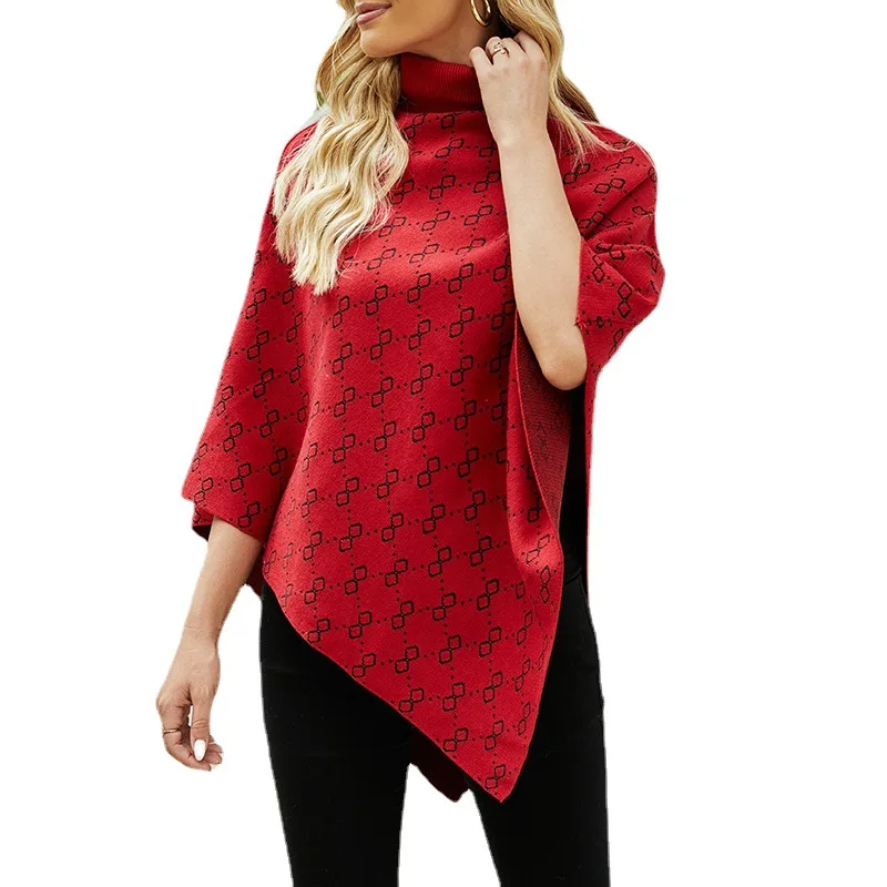 

Fashion Women's Shawl Cloak Sweater New Casual Hot Sale High Neck Pullover Printing Loose Large Size Knitted Sweater Donsignet