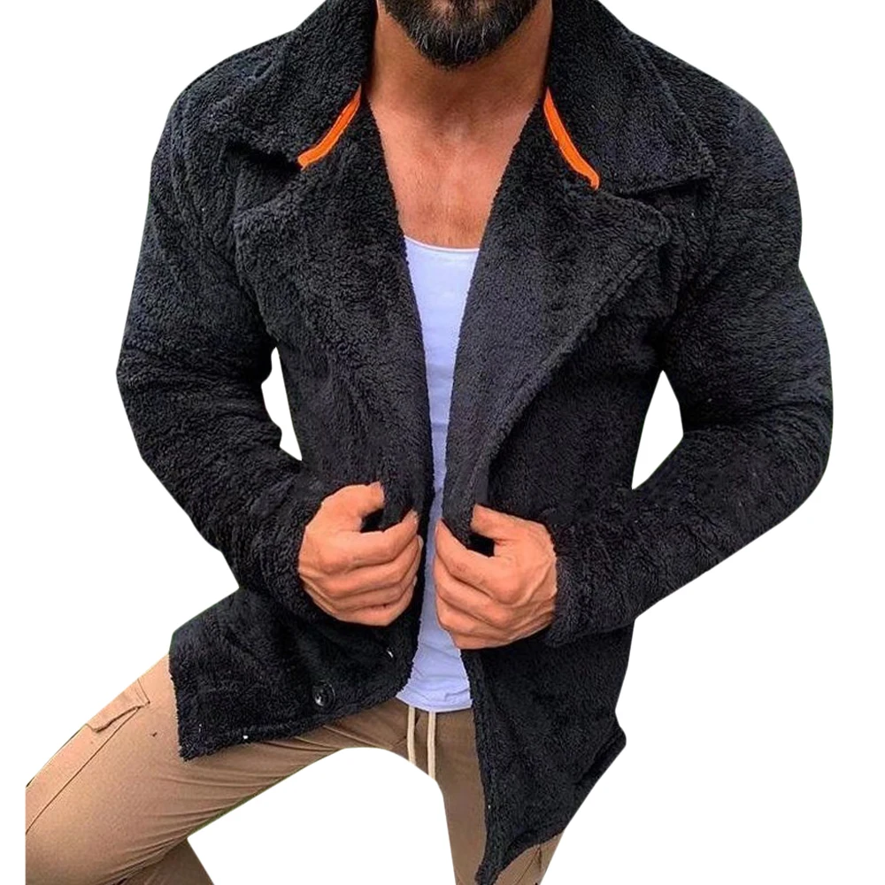 

Winter Coat Men Open Stitch Solid Turn-down Men's Clothing Casual Top Male Pocket Coat Winter Clothes Faux Fur Coat