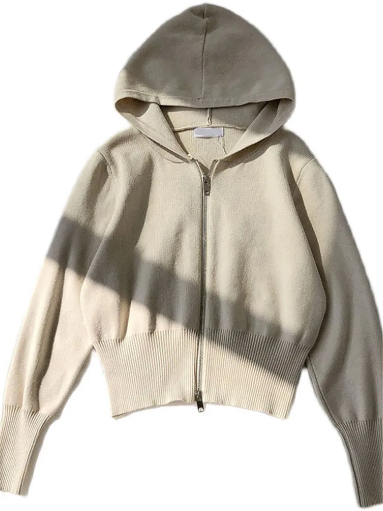 

2021 spring new product Korean style hooded double zipper short cardigan gentle western style long-sleeved sweater women