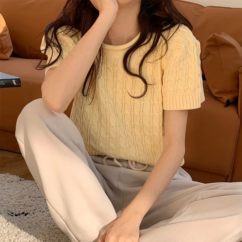 

Knitted Sweater T Shirt 2021 Korean Short Sleeve Pullover Top Solid Color Simple Casual Tee Summer Shirt Female