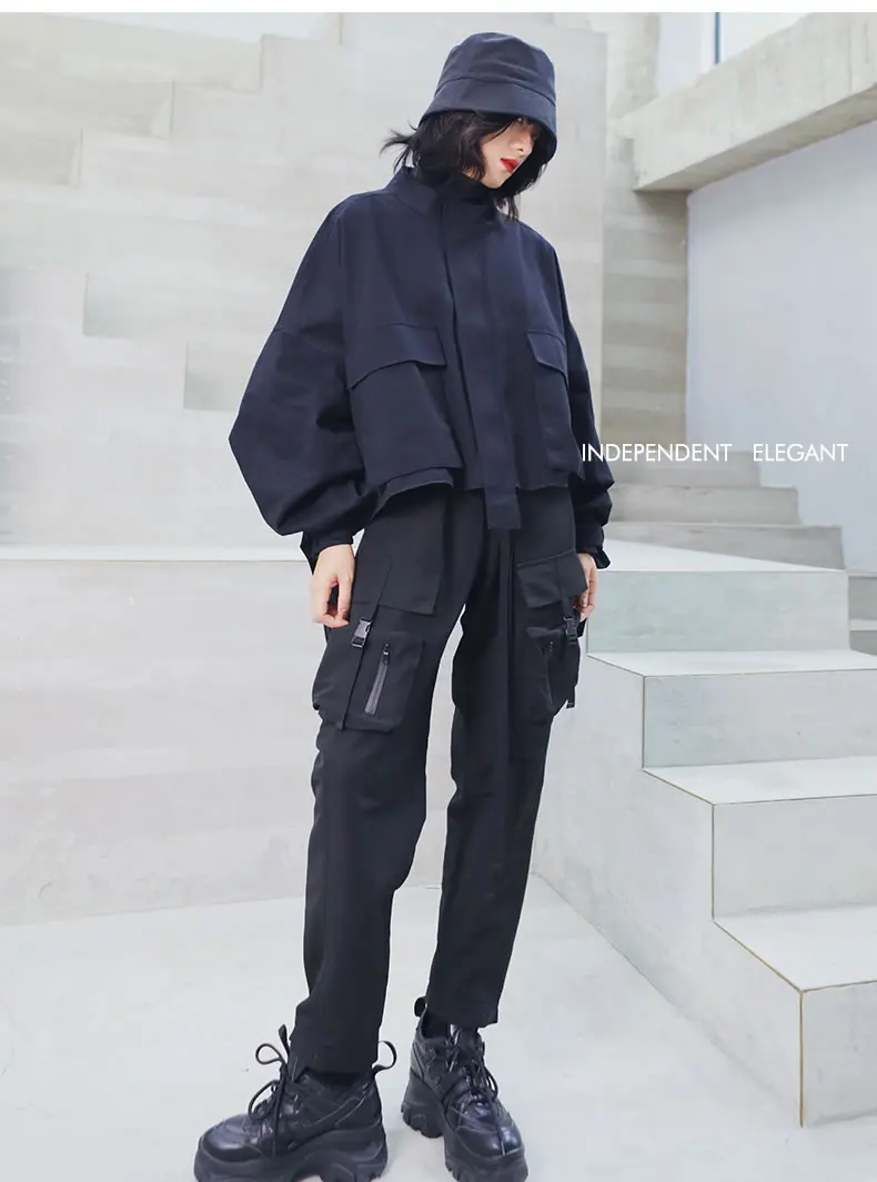 XITAO Harajuku стиль короткие теплые пальто и куртки для женщин стоячий воротник Черная куртка винтажная уличная верхняя женская XJ2098