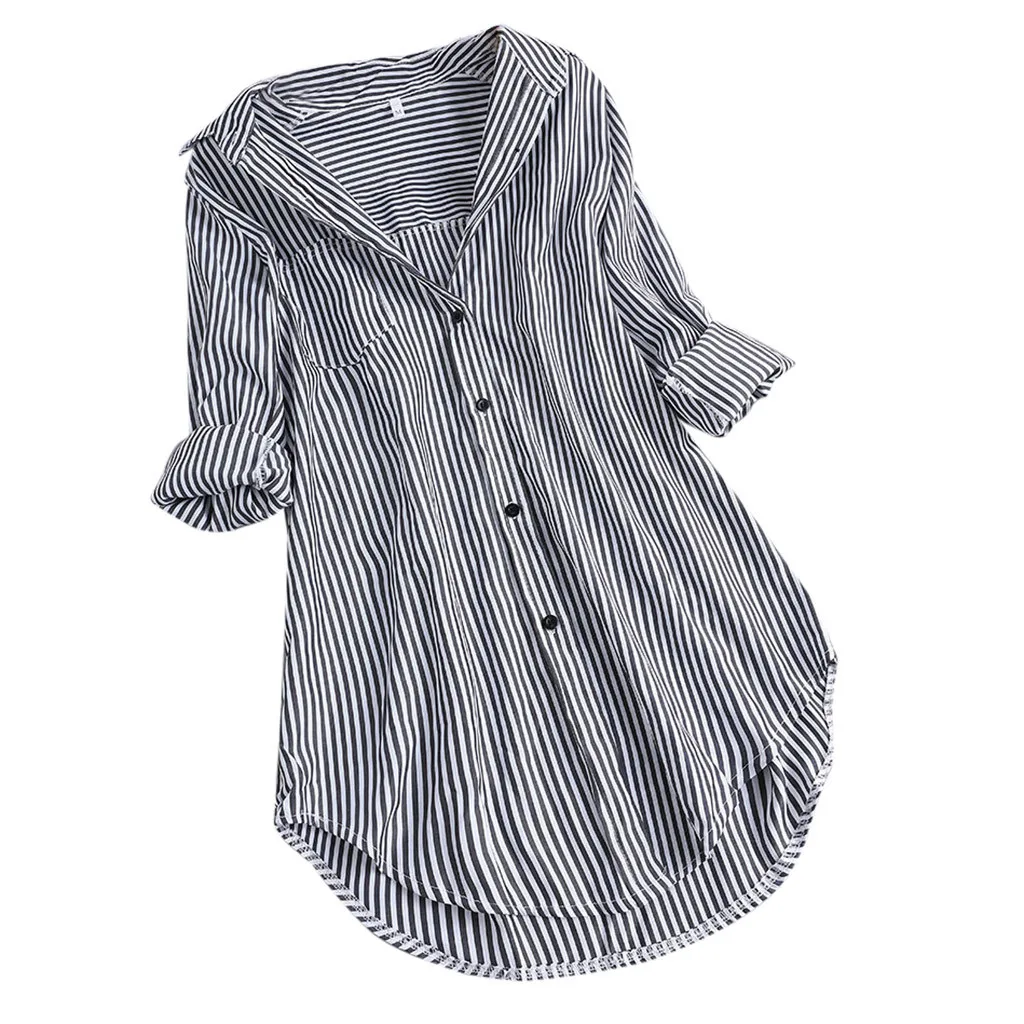 

Plus Size Women Striped Loose Blouse Long Sleeve Turn-Down Collar Button Shirts Chic Oversized Casual Office Long Tops
