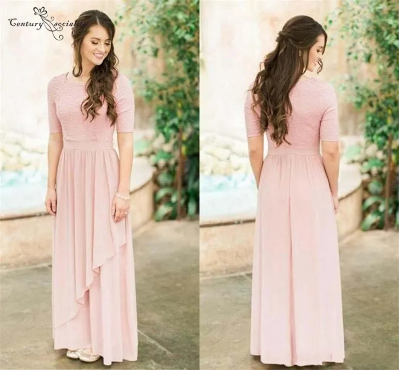 Розовые платья подружки невесты шифоновые кружевные в пол с длинным рукавом и