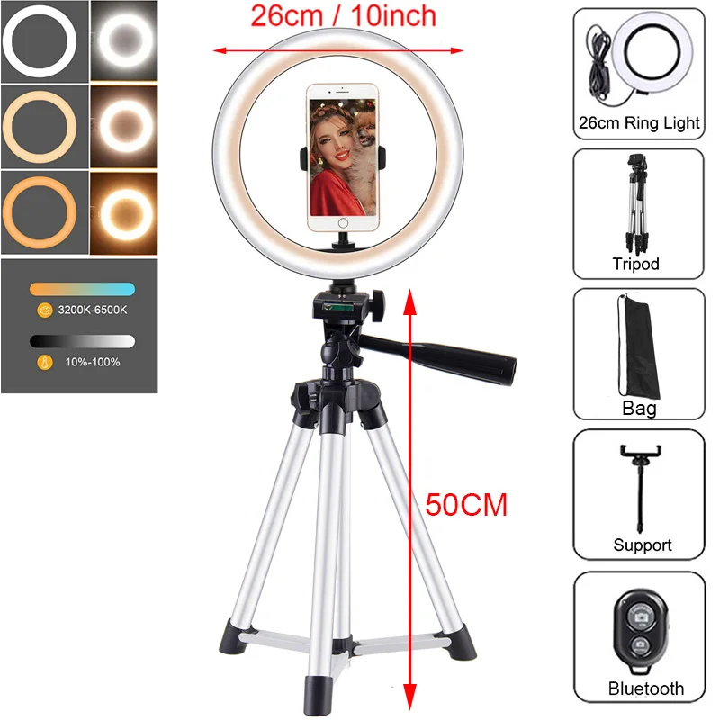 

26cm Makeup Ringlight with Tripod Photography Lighting Led Fill Lamp Selfie Ring Light Youtube Live Dimmable Phone Trepied Stand