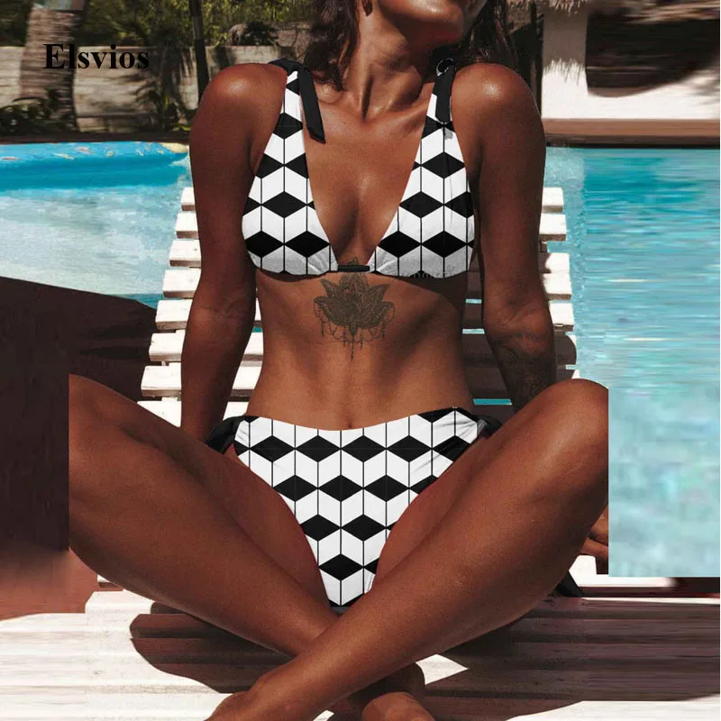 

Sexy Rhombus Print Women Bikini Swimsuit Summer Push Up String Bikini Set Swimwear Brazilian Lace-Up Biquini Bathing Suit Mujer