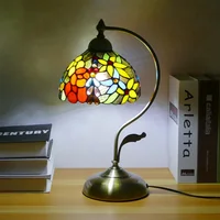 Light Luxury Table Lamp Stained Glass Lampshade Wrought Iron Base Retro Mediterranean Style Bedroom Restaurant Art Table Lamp