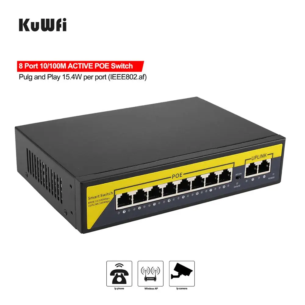 KuWFi 10 портовый коммутатор 8POE и 2 канала связи 802.3af/at 120 Вт Встроенная Мощность Vlan до