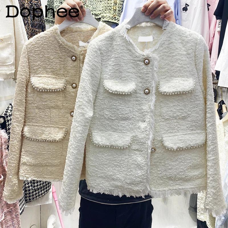 

2021 Spring Autumn Clothing Tweed Jacket Burr Beaded Woolen Coat Women Slimming All-Match Single-Breasted Solid Crew Neck Top
