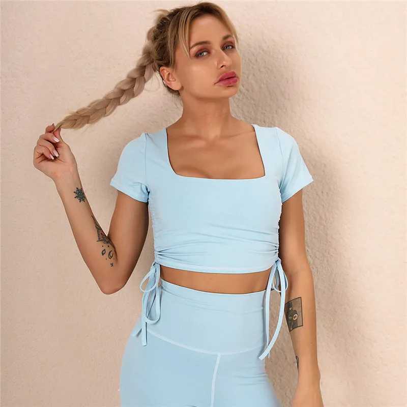 

Fitness Shirts For Women Drawstring Gym Sports Shirts Short Sleeve Training Yoga Crop Tops Workout Yoga Shirts Fitness Clothing