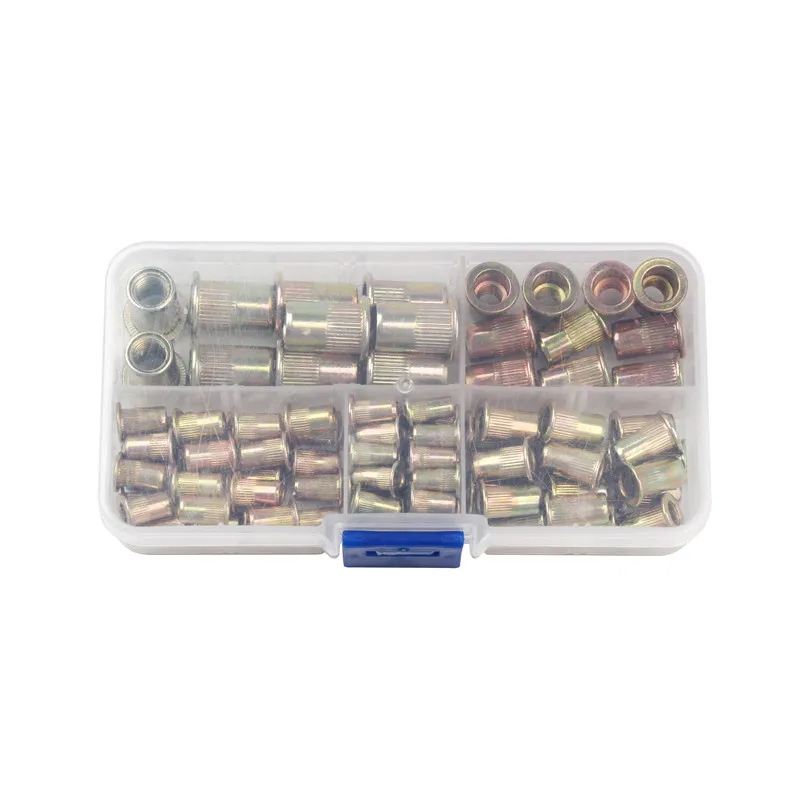 

100PCS/lot With Box Carbon Steel Rivet Nuts M3 M4 M5 M6 M8 Multi Size Insert Rivets Flat Head Rivet Nuts Set Hardware Parts