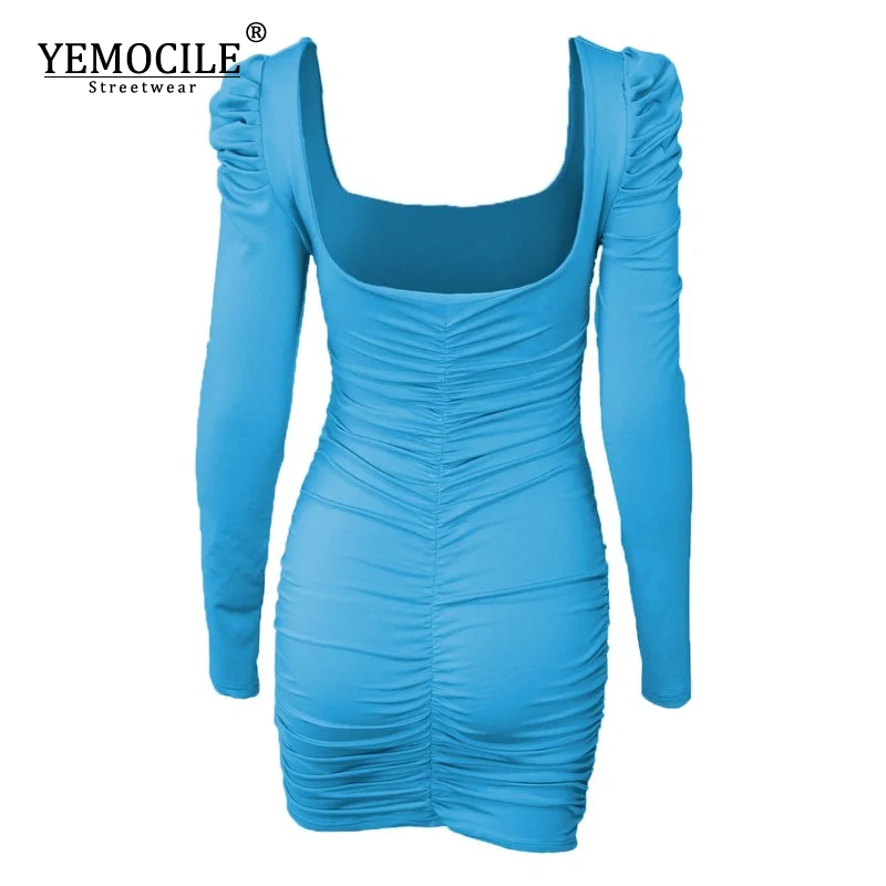 

Women Long Sleeve Sexy Bodycon Mini Dress Autumn Winter Basic Square Collar Ruched Slim Black Party Club Short Dress Vestidos