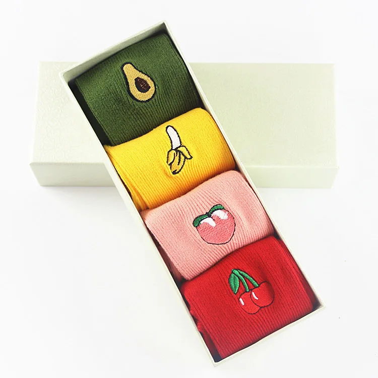 

4 pairs Women Crew Socks Hot Colorful fruit avocado cherry banana Funny Socks Cotton Lovers Cartoon Casual Cute Socks