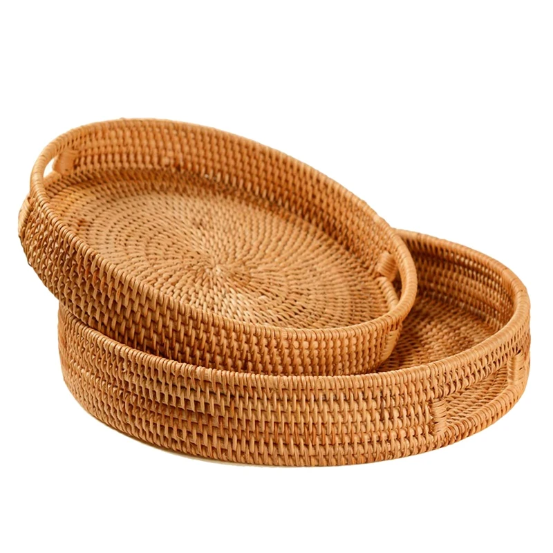 

Rattan Handwoven Round High Wall Severing Tray Food Storage Platters Plate over Handles for Breakfast,Drinks,Snack for Coffee Ta