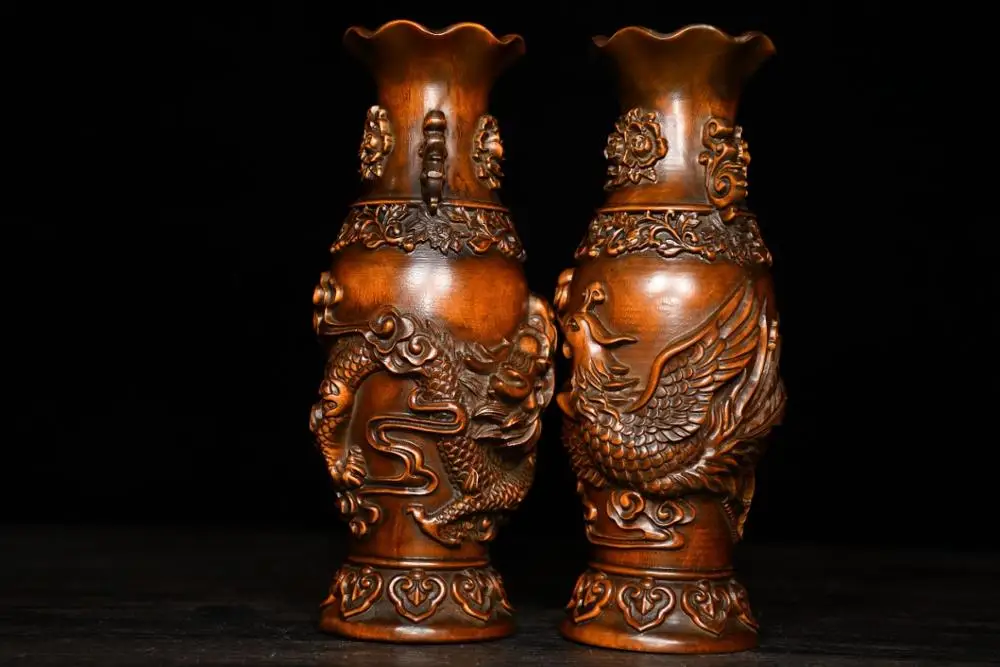 

7" China Lucky Seikos Boxwood Chinese dragon statue Dragon and phoenix pattern A pair of dragon and phoenix vases