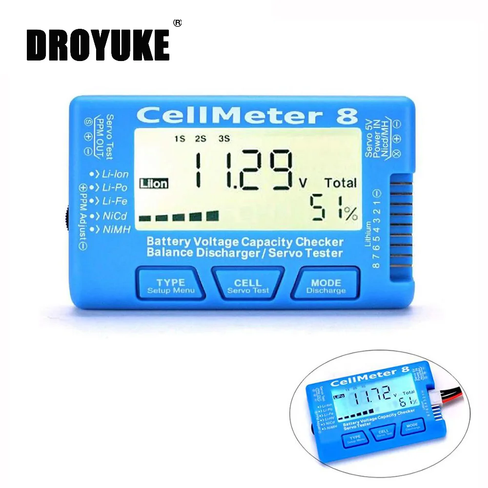 

Droyuke LCD Digital Battery Capacity Checker CellMeter RC CellMeter7/CellMeter8 2-8S 4-8S Servo LiPo Li-lon NiMH Battery Tester