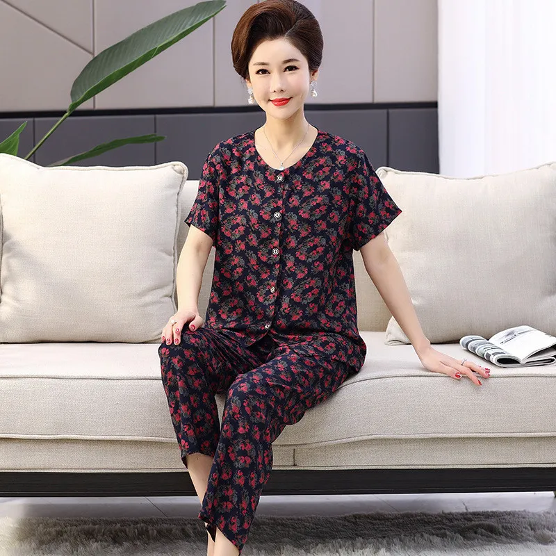 Middle-Aged Elderly Mothers Pajamas Set Print Short Sleeve Cotton Home Clothes Plus Size Button Cardigan Suit Women Pijama 4XL