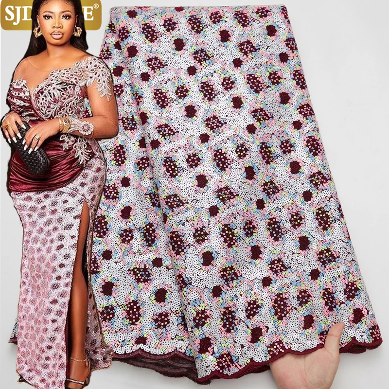 Дешево Кружевные чистые белые свадебные материалы SJD, африканская кружевная ткань, высококачественные бусины, французская Тюлевая кружевная ткан...