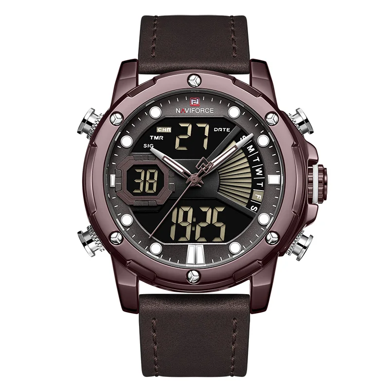 Coffee Мужские часы NAVIFORCE модные спортивные кварцевые часы мужские кожаные водонепроницаемые наручные часы светодиодный Аналоговый Цифровой Часы Relogio Masculino - Цвет: Coffee