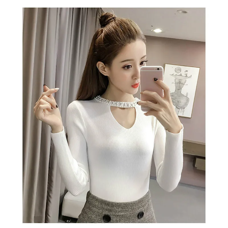 Autumn Slim Pearls Pink Sweater Women Halter Knit Pullover Sexy Winter Tops V Neck Long Sleeve Jumper | Женская одежда