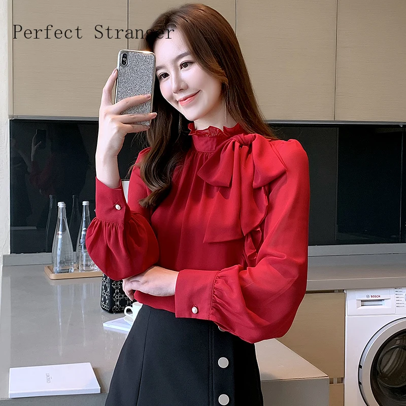 

2021 Spring Autumn New Arrival Hot Sale Stand Collar Long Sleeve Women Chiffon Blouse High Quality