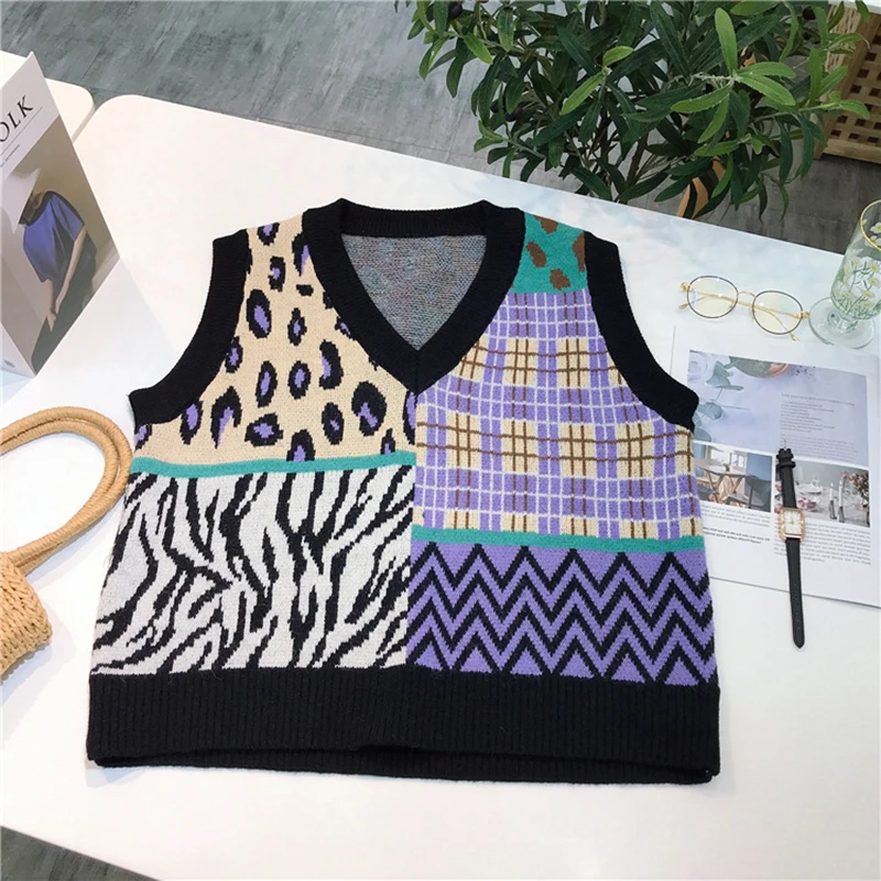 

Knit Sweater Vest Female Tank Toppies Patchwork Geometric England Style Striped V-necked Sleeveless Jumper Knitting Waistcoat