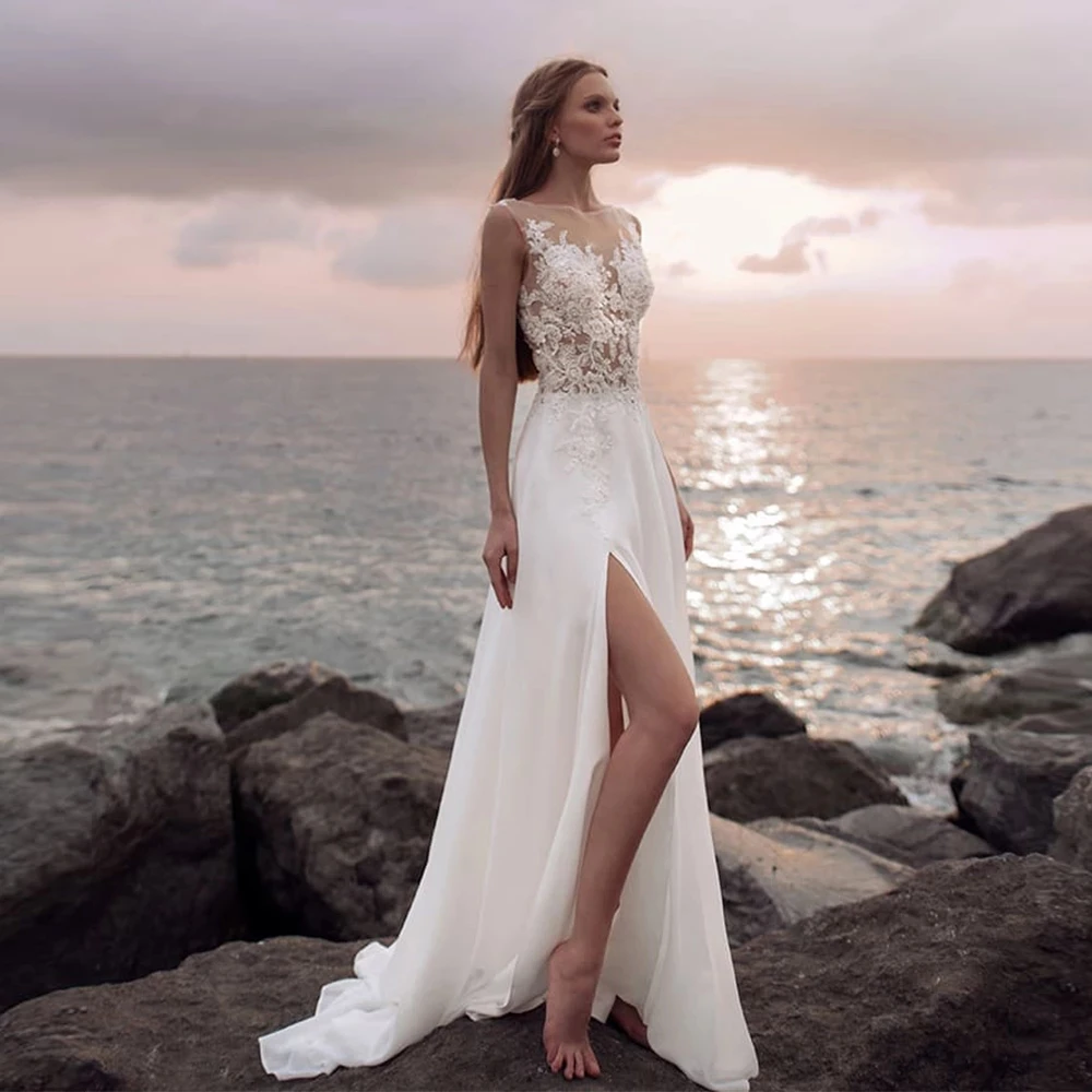 

Charming Wedding Dress Boho Slit Bridal Gown O-neck Sleeveless Applique White Ivory Wedding Gowns