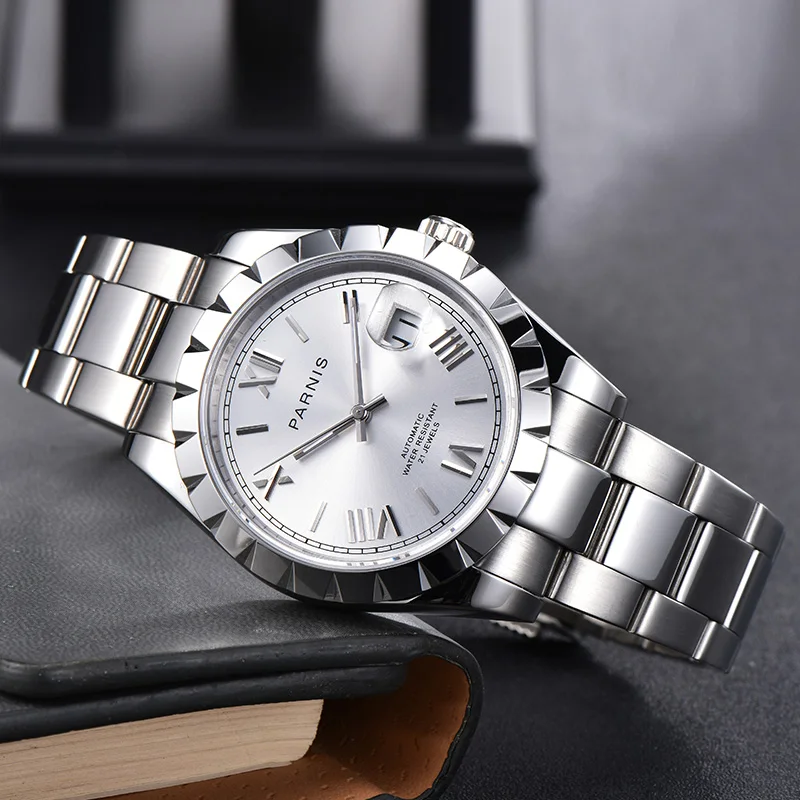 Parnis 39 5 мм автоматические механические мужские часы с белым циферблатом и
