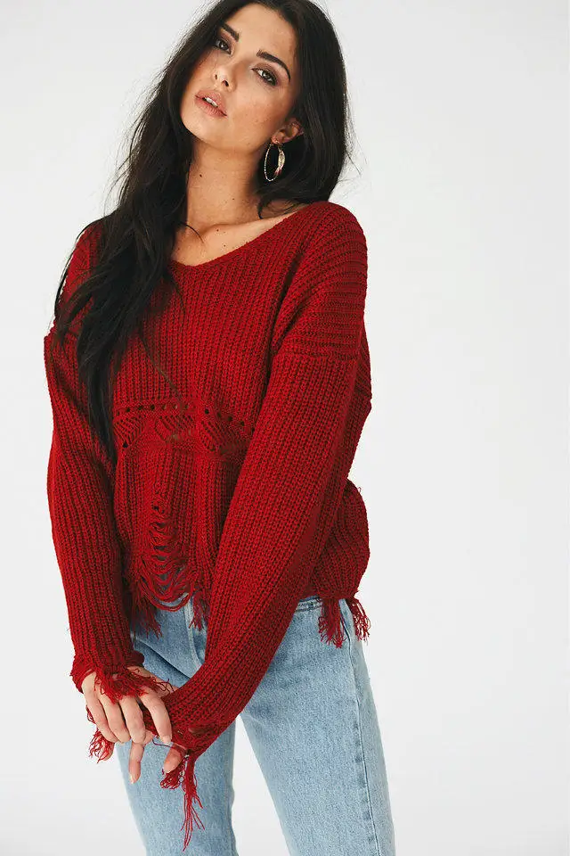 Winter and Autumn Fashion V Neck Fringe Distressed Knitted Female Sweater Long Sleeve Frayed Pullover Women | Женская одежда