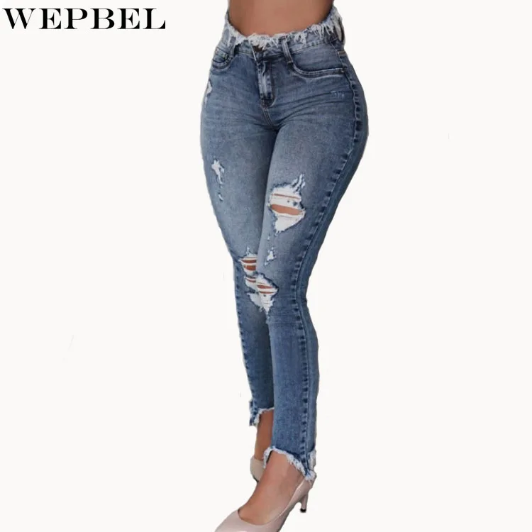

WEPBEL Women's Casual Bleached Jeans Spring and Autumn Fashion High Waist Solid Color Button Ripped Tassel Denim Pencil Pants
