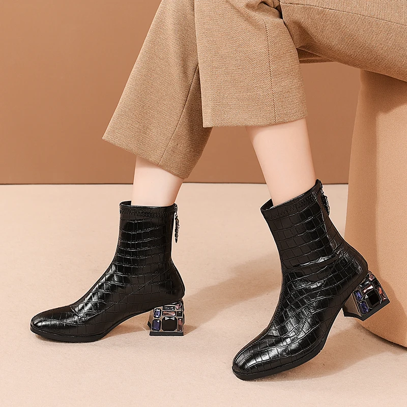 

Genuine Leather crystal High Heels Boots Fashion Women Ankle Boots 2020 Autumn Winter Newest Shoes Woman Concise Office boots