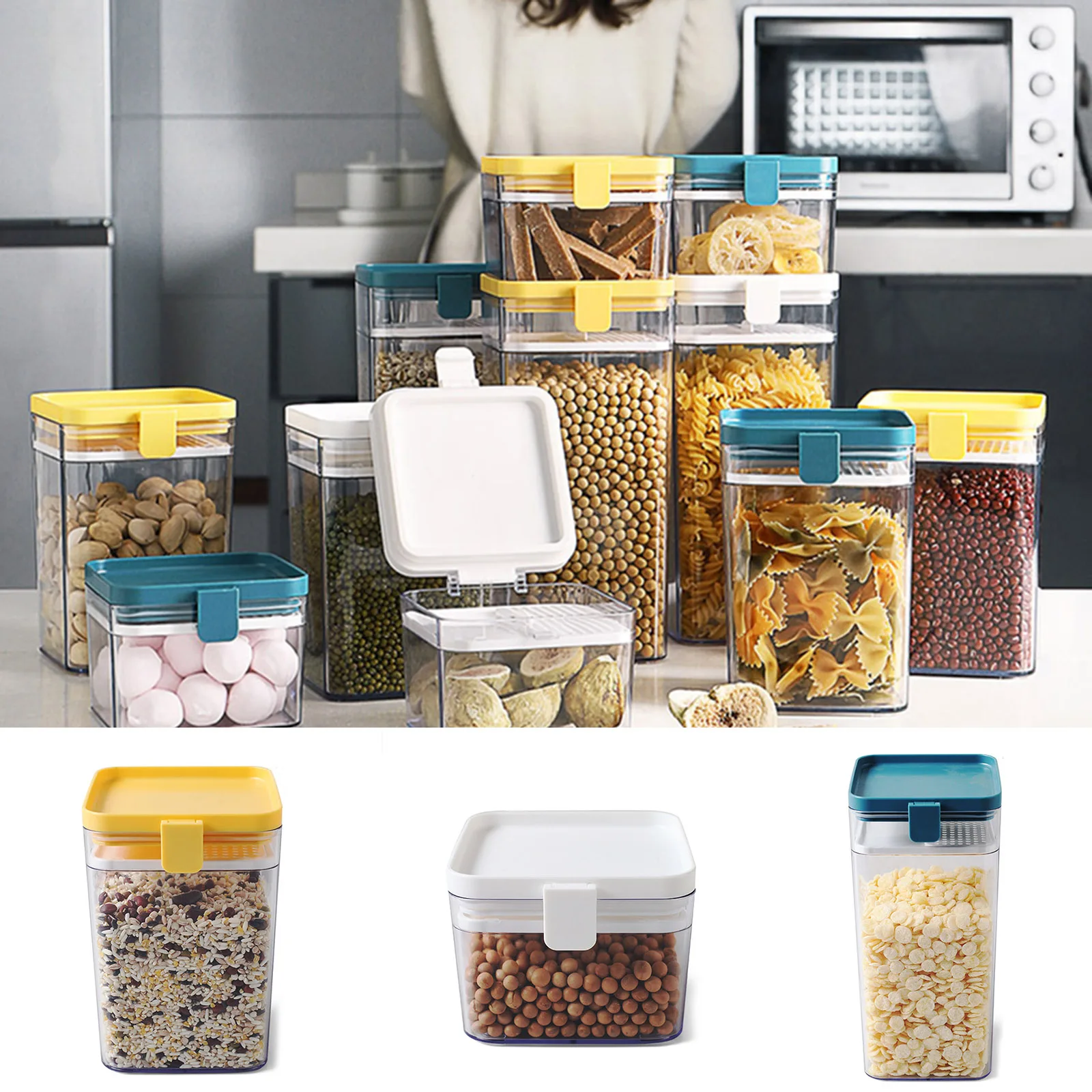 

In Stock 1pc Plastic Food Container Sealing Storage Canister with Lid Cereal Containers Flour Tank for Kitchen 500/1000/1600ml